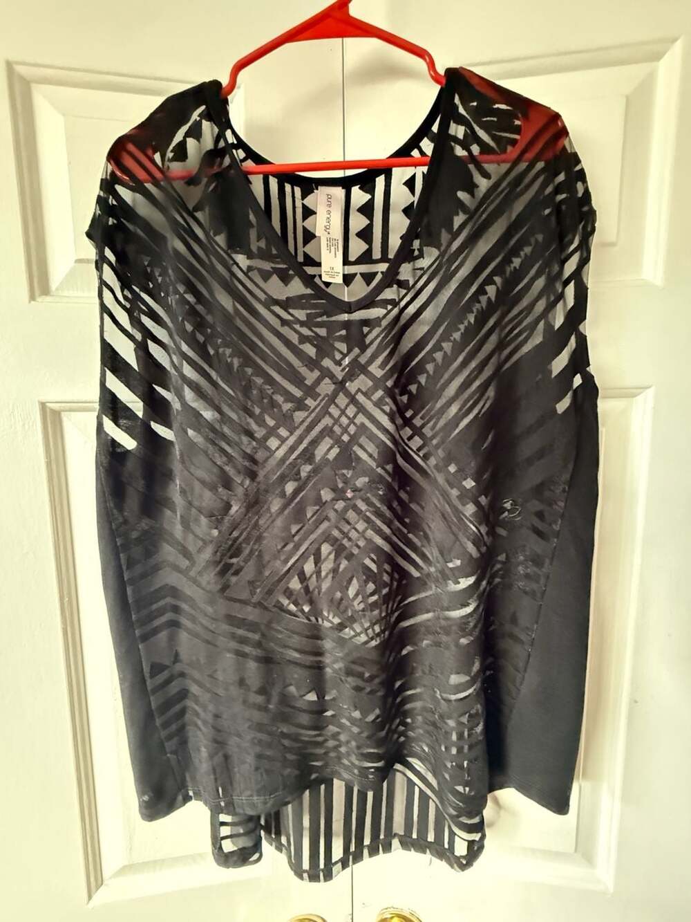 Pure Energy Black Geometric Burnout Sheer Sleeveless V-Neck Top 1X